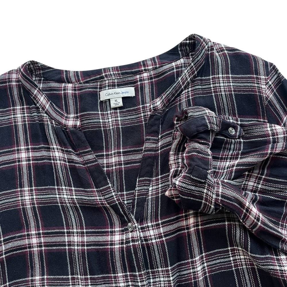Calvin Klein Jeans Womens XL Black Burgundy White Plaid Button Up Popover Blouse